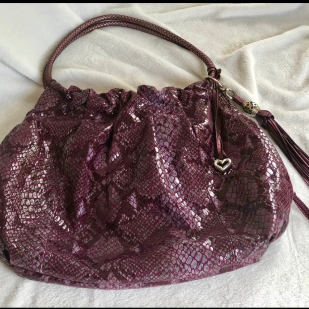 Brighton Nolita XL Pleated Hobo Leather Purple Python Print